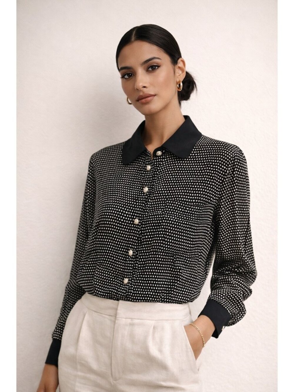 Tahari 100% Silk Blouse Size 6 Black White Polka Dot Button Sheer Top